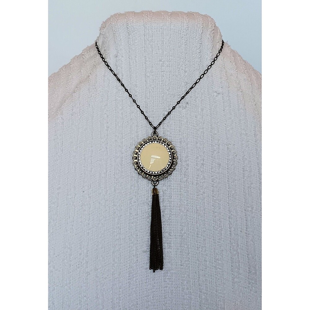 Bronze Tone Cream Enamel Faux Pearl & Rhinestone Tassel Necklace 16-18 in